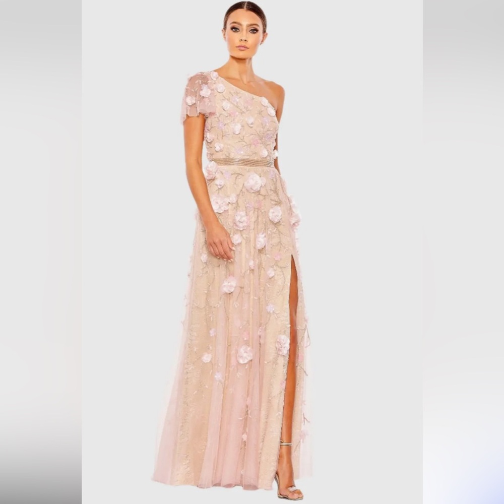 New Mac Duggal pink floral embellished one shoulder a line gown size 10